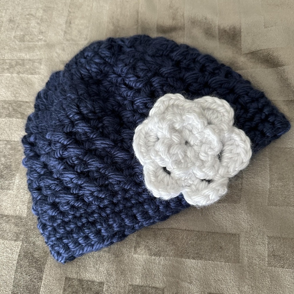 Beanie Hat Women O/S Blue Crochet Chunky Knit White Flower Soft Winter Boho Chic